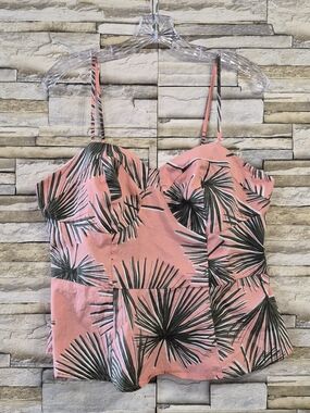 ​A New Day Tropical Peplum Tank Top Women XL Pink Green Palm Leaf Summer Boho